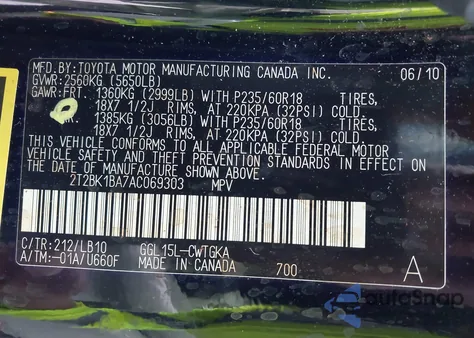 2010 Lexus Rx 350 from USA, damaged, VIN 2T2BK1BA7AC069303